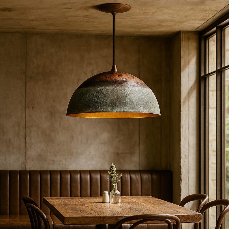 Oxidized Copper Half Dome Pendant Light – Rustic Green Ceiling Lamp