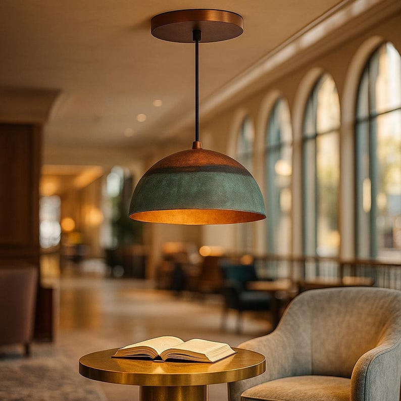 Oxidized Copper Half Dome Pendant Light – Rustic Green Ceiling Lamp