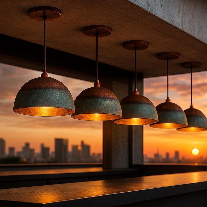 Oxidized Copper Half Dome Pendant Light – Rustic Green Ceiling Lamp
