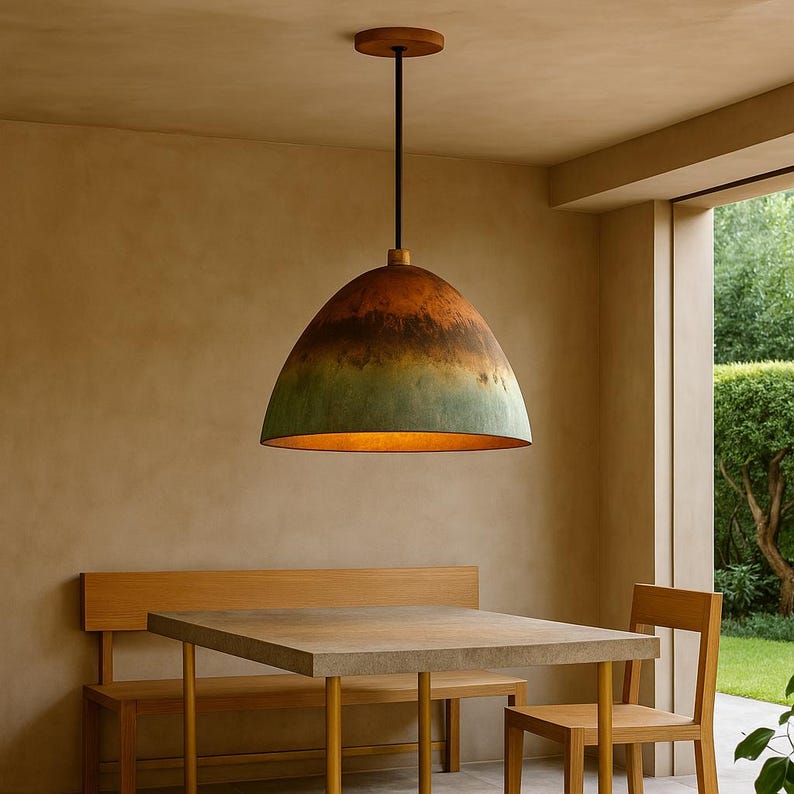 Oxidized Gradient Copper Dome Pendant Light – Rustic Patina Ceiling Lamp