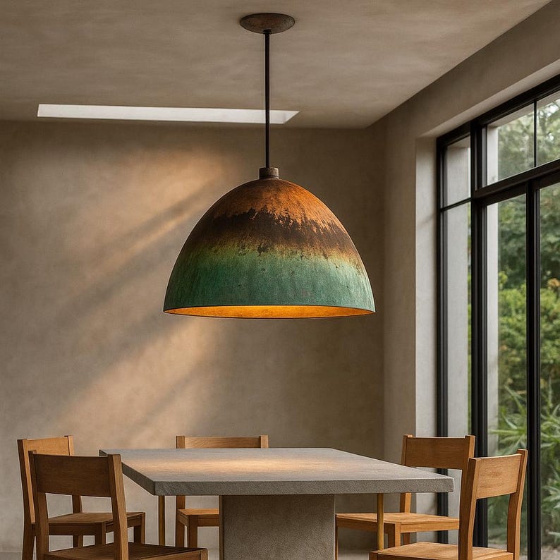 Oxidized Gradient Copper Dome Pendant Light – Rustic Patina Ceiling Lamp