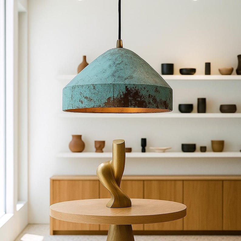 Wide Patinated Copper Pendant Light – Rustic Green Oxidized Ceiling Lamp