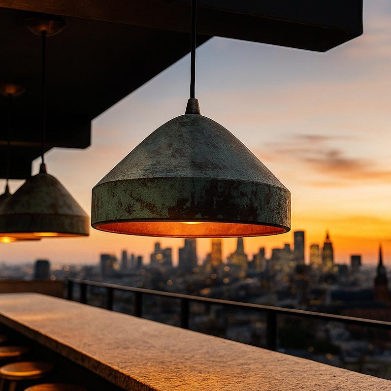 Wide Patinated Copper Pendant Light – Rustic Green Oxidized Ceiling Lamp