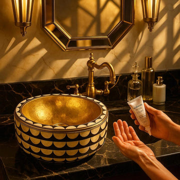 Handmade Brass Round Vessel Sink – Bone & Resin Bathroom Basin