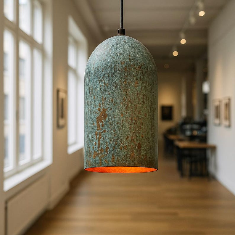 Patinated Copper Pendant Light – Blue-Green Dome Ceiling Lamp
