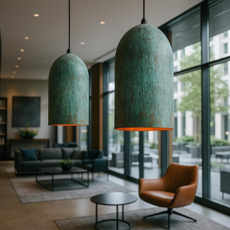 Patinated Copper Pendant Light – Blue-Green Dome Ceiling Lamp