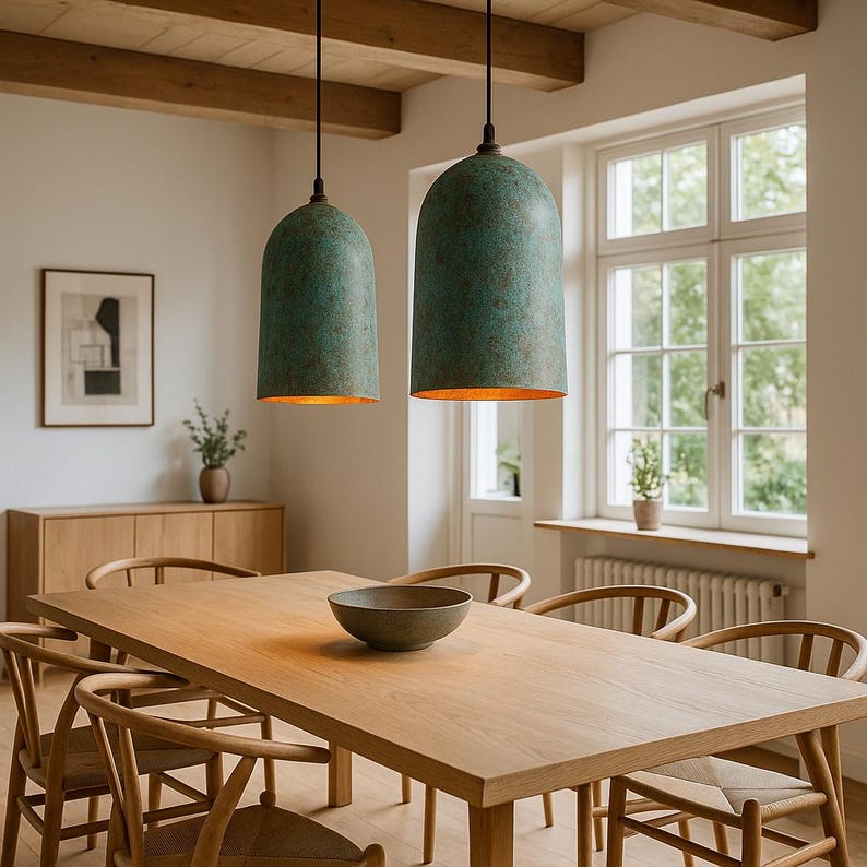 Patinated Copper Pendant Light – Blue-Green Dome Ceiling Lamp