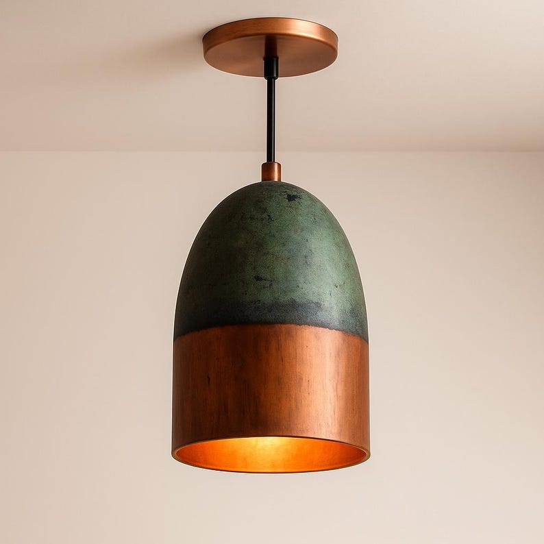 Oxidized Copper Pendant Light – Green & Copper Dome Ceiling Lamp