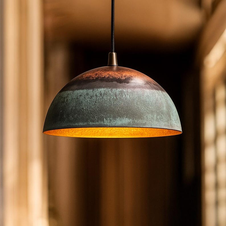 Oxidized Copper Half Dome Pendant Light – Rustic Green Ceiling Lamp