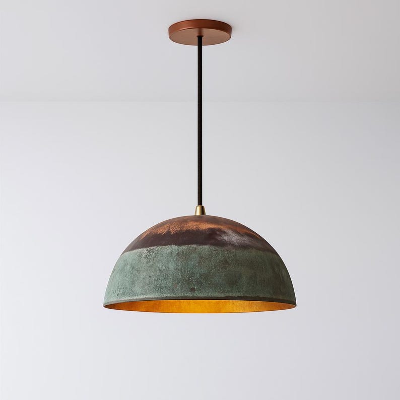 Oxidized Copper Half Dome Pendant Light – Rustic Green Ceiling Lamp