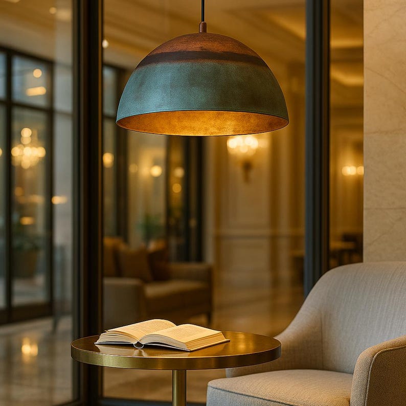 Oxidized Copper Half Dome Pendant Light – Rustic Green Ceiling Lamp
