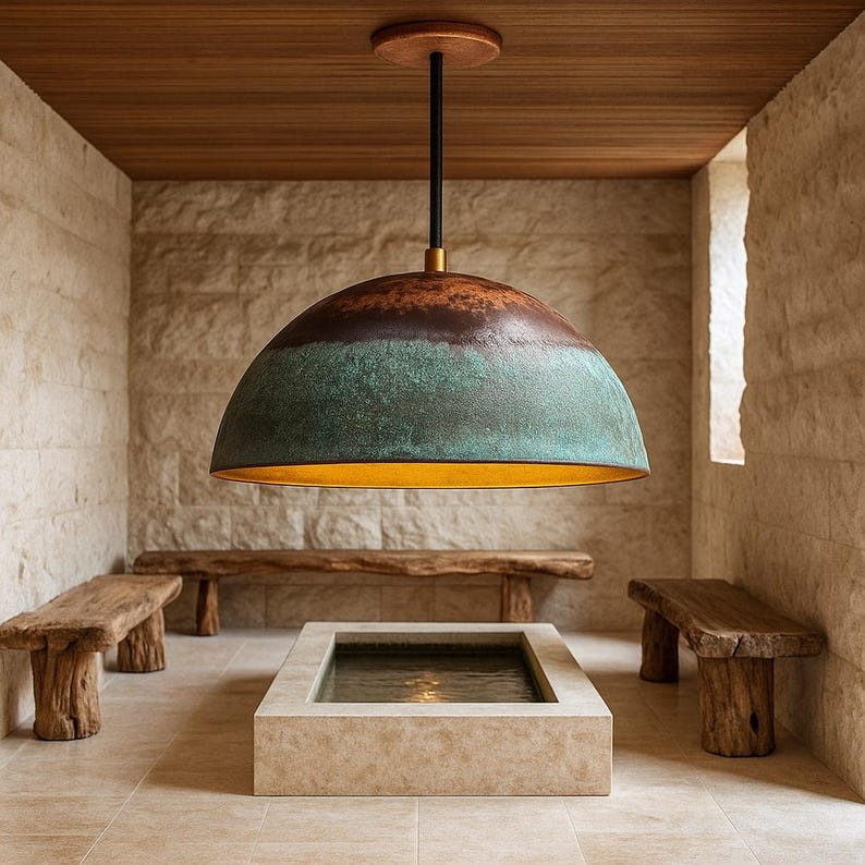 Oxidized Copper Half Dome Pendant Light – Rustic Green Ceiling Lamp