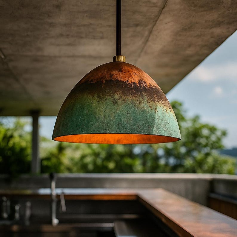 Oxidized Gradient Copper Dome Pendant Light – Rustic Patina Ceiling Lamp