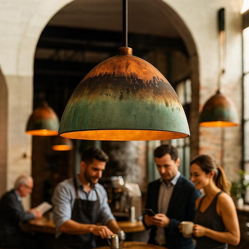 Oxidized Gradient Copper Dome Pendant Light – Rustic Patina Ceiling Lamp