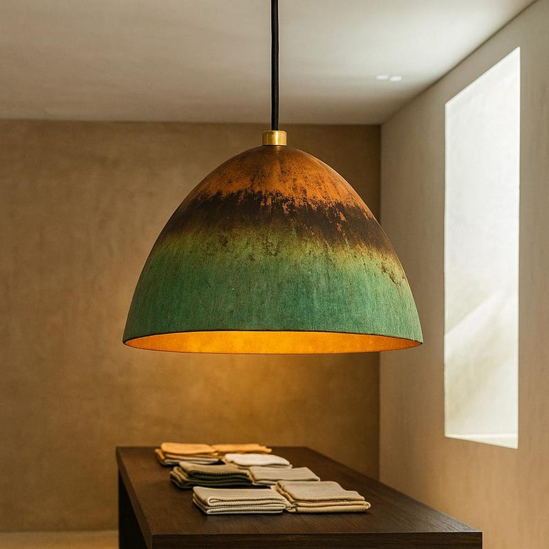 Oxidized Gradient Copper Dome Pendant Light – Rustic Patina Ceiling Lamp