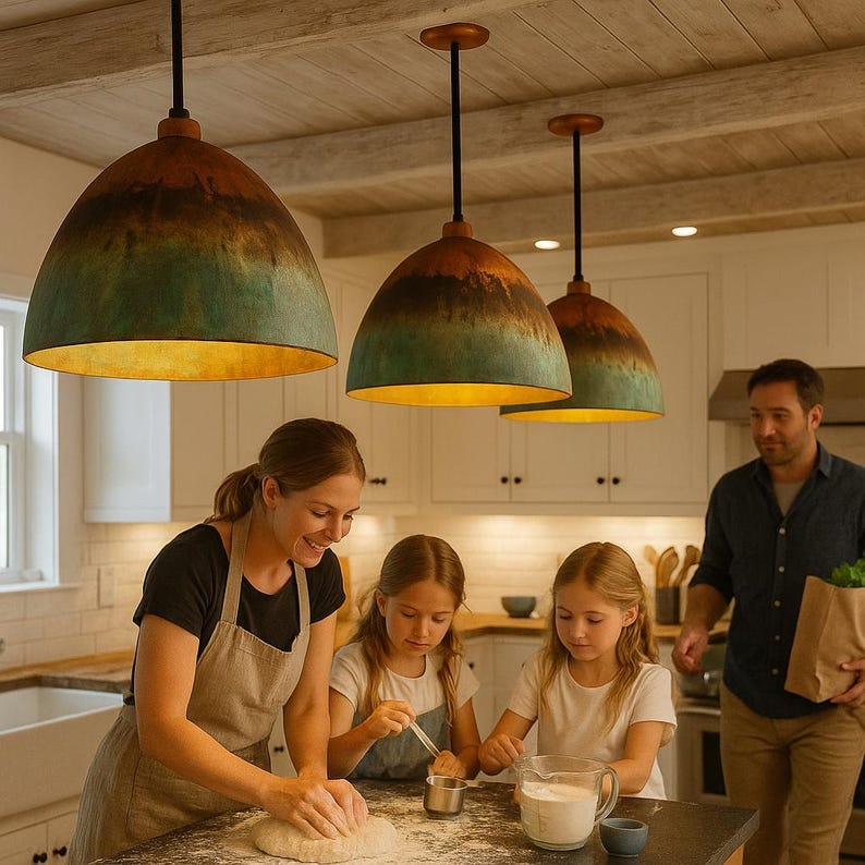 Oxidized Gradient Copper Dome Pendant Light – Rustic Patina Ceiling Lamp