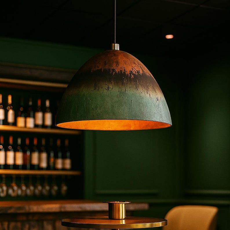 Oxidized Gradient Copper Dome Pendant Light – Rustic Patina Ceiling Lamp