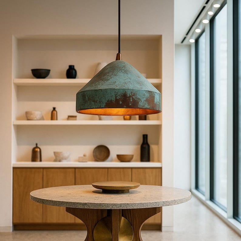 Wide Patinated Copper Pendant Light – Rustic Green Oxidized Ceiling Lamp