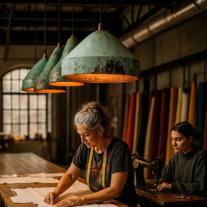 Wide Patinated Copper Pendant Light – Rustic Green Oxidized Ceiling Lamp