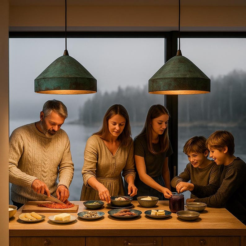 Wide Patinated Copper Pendant Light – Rustic Green Oxidized Ceiling Lamp
