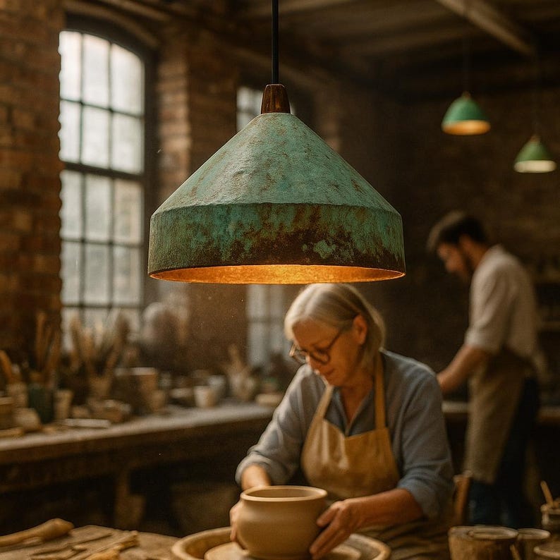 Wide Patinated Copper Pendant Light – Rustic Green Oxidized Ceiling Lamp