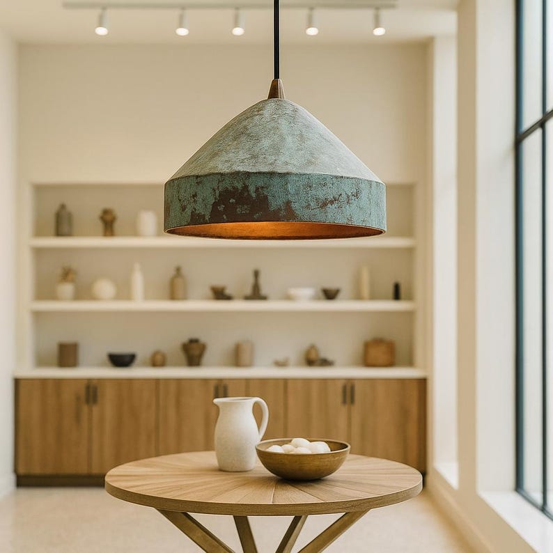 Wide Patinated Copper Pendant Light – Rustic Green Oxidized Ceiling Lamp