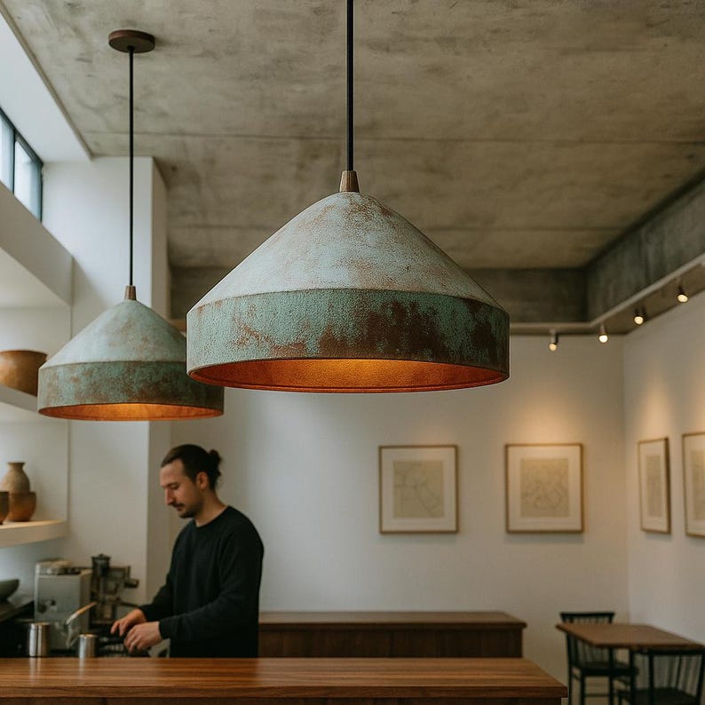 Wide Patinated Copper Pendant Light – Rustic Green Oxidized Ceiling Lamp