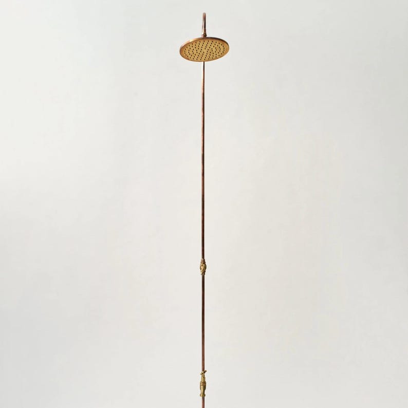 Slim Copper Outdoor Shower with Brass Head – Handmade Garden Fixture