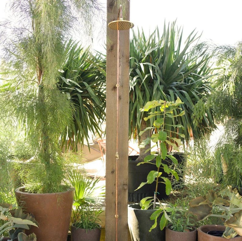 Slim Copper Outdoor Shower with Brass Head – Handmade Garden Fixture