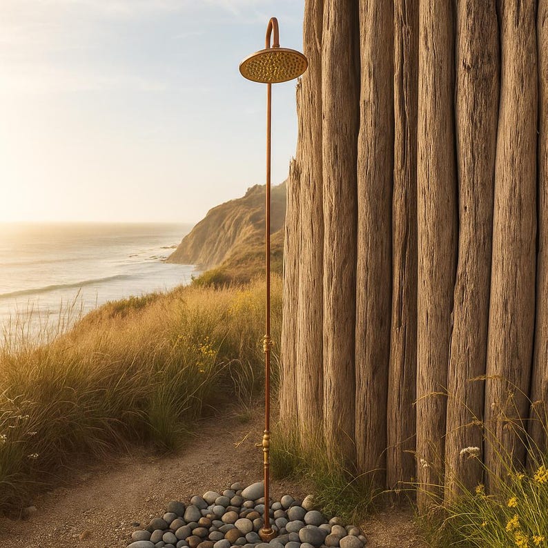 Slim Copper Outdoor Shower with Brass Head – Handmade Garden Fixture