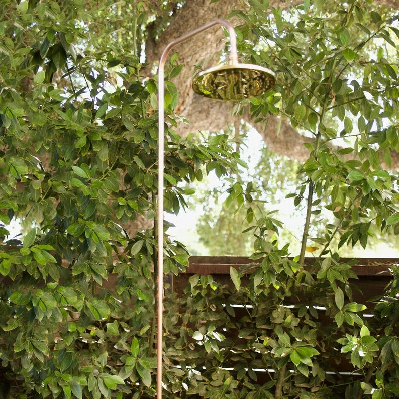 Slim Copper Outdoor Shower with Brass Head – Handmade Garden Fixture