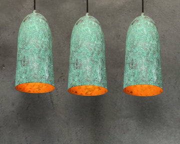 Set Of 3 Oxidized Copper Pendant Lights, Green Patina Farmhouse Light Fixture, Set Of Three Farmhouse Hanging Lamps