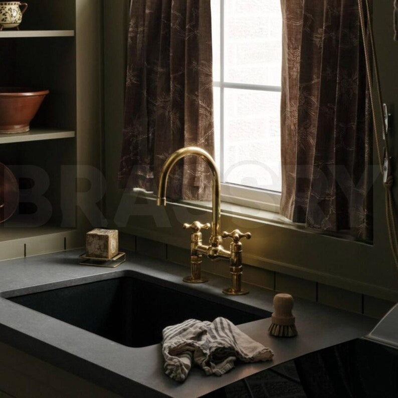 Handmade Moroccan wall-mount faucet in solid unlacquered brass with gooseneck spout and cross handles