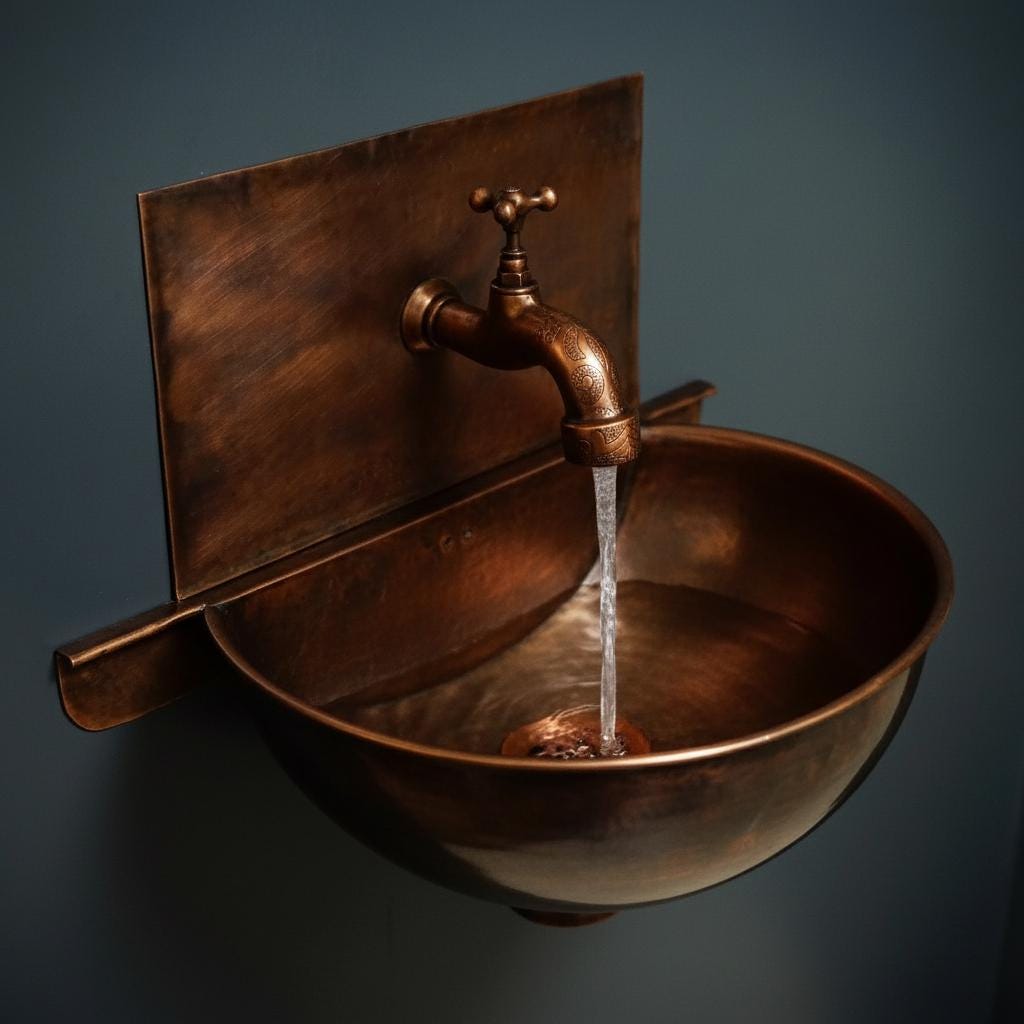 Bronze wall-mounted sink with running water on a dark background