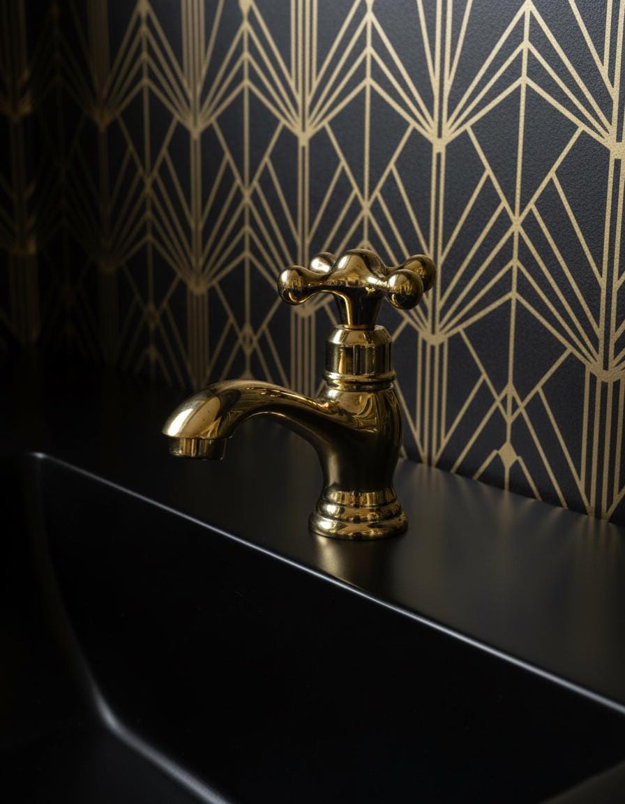 Gold faucet on a black sink with geometric patterned wall in the background