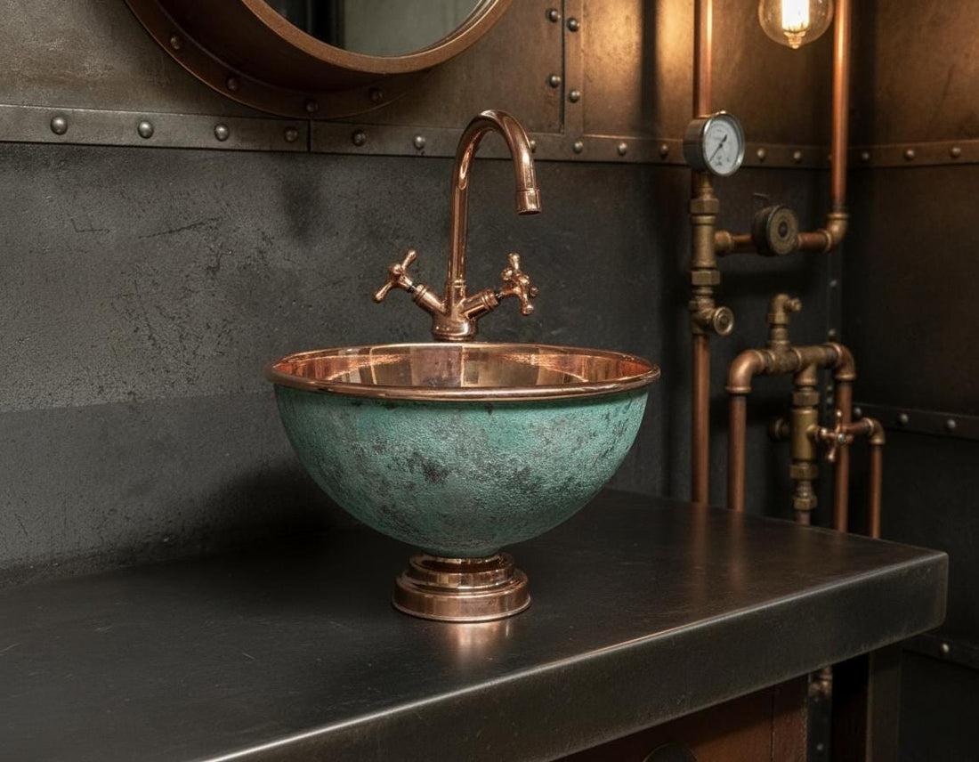 Copper sink with green patina on a marble countertop