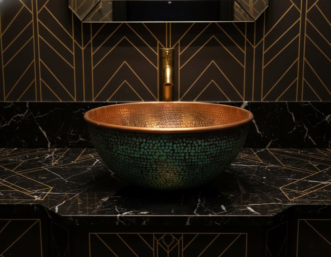 Copper sink on a black marble countertop with geometric wall design