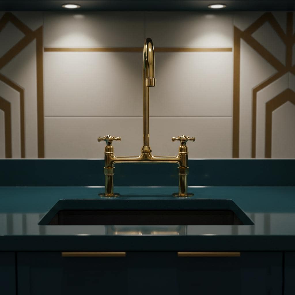 Gold kitchen faucet over a black sink with geometric wall design