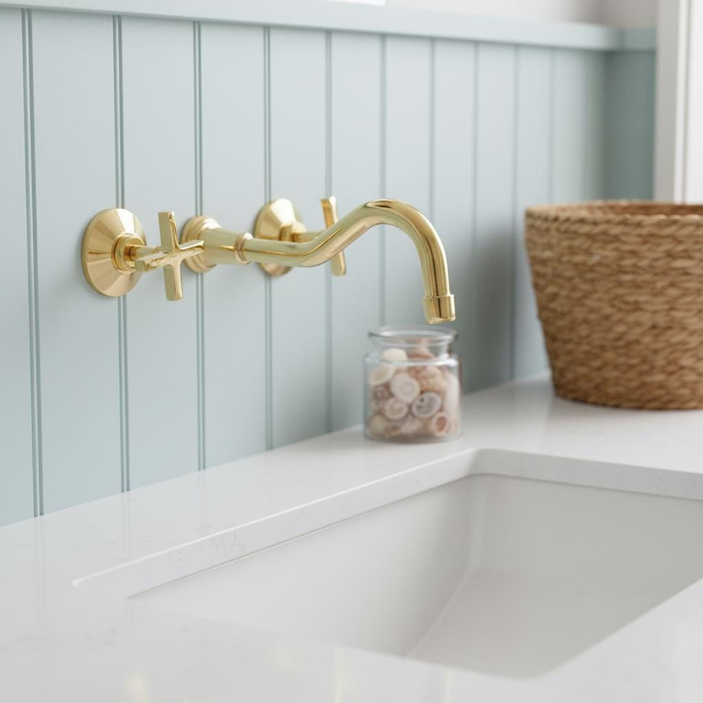 Gold faucet on a white sink with a light blue wall in the background