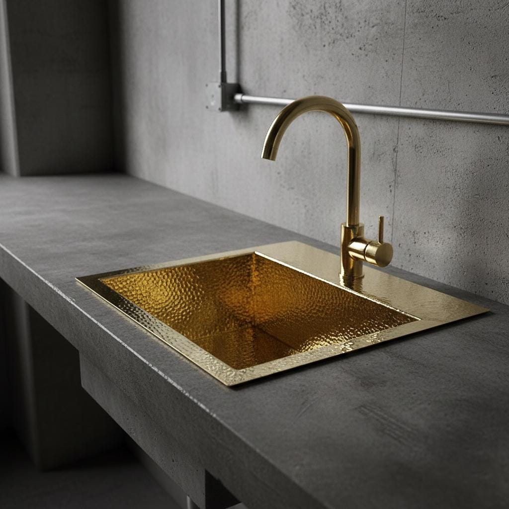 Gold kitchen sink with faucet on a gray countertop