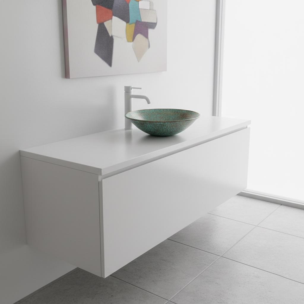 Bathroom vanity with a bowl-shaped sink in a modern bathroom setting.