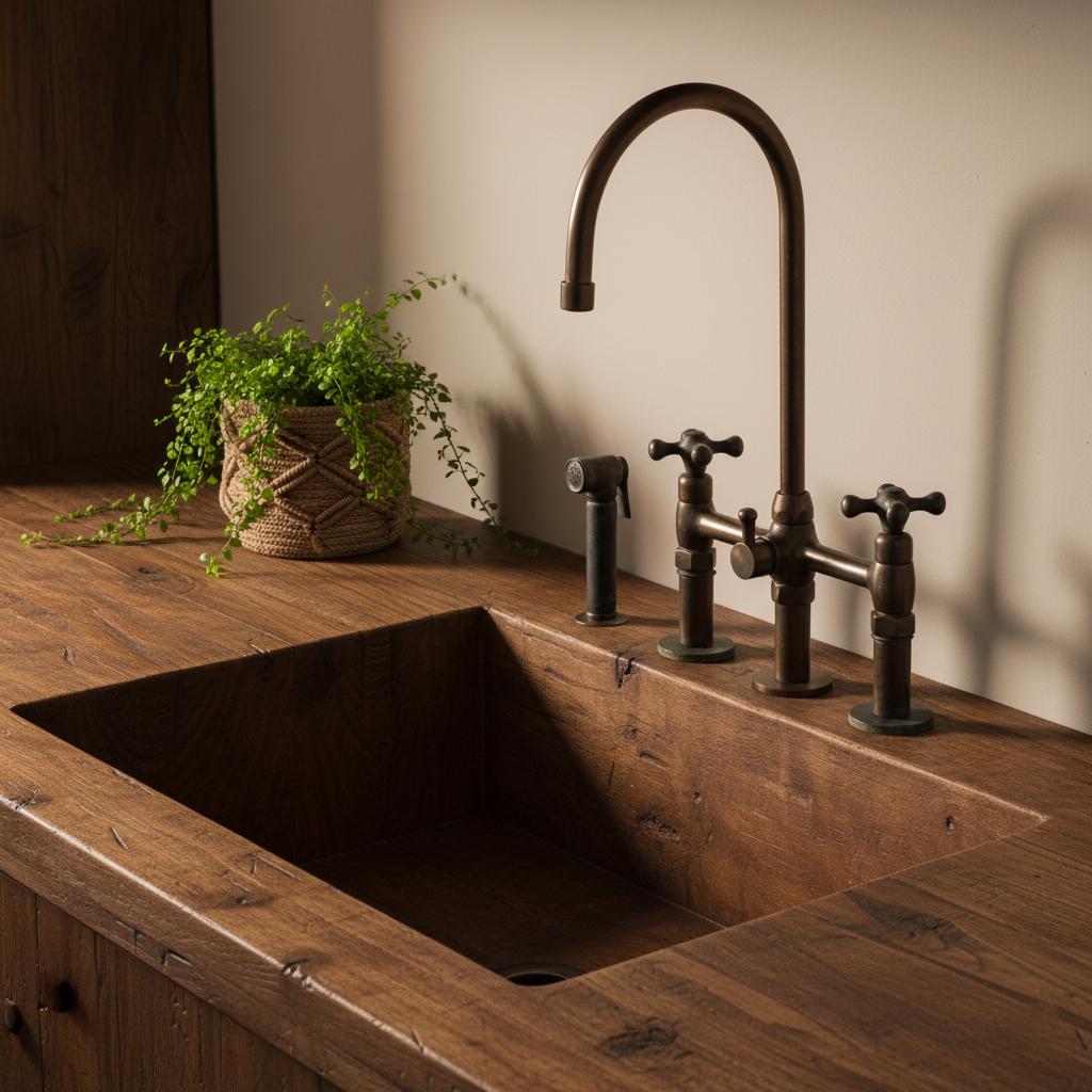Wooden sink with vintage-style faucet and plant on wooden countertop