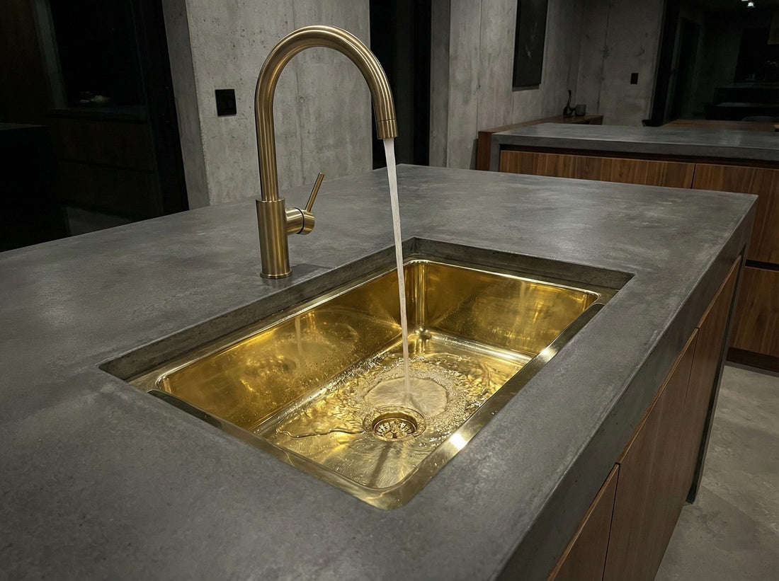 Gold sink with running water in a modern kitchen setting