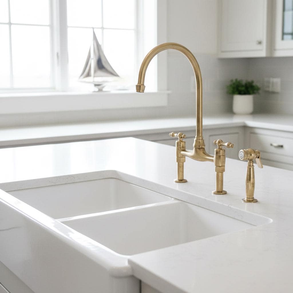 Gold kitchen faucet over a white sink in a bright kitchen.
