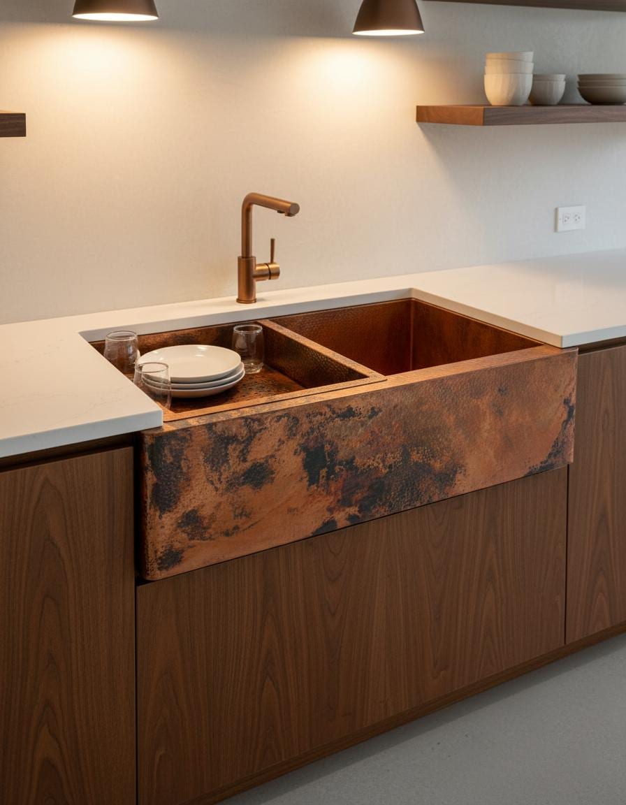Kitchen sink with copper finish and wooden cabinets in a modern kitchen setting.