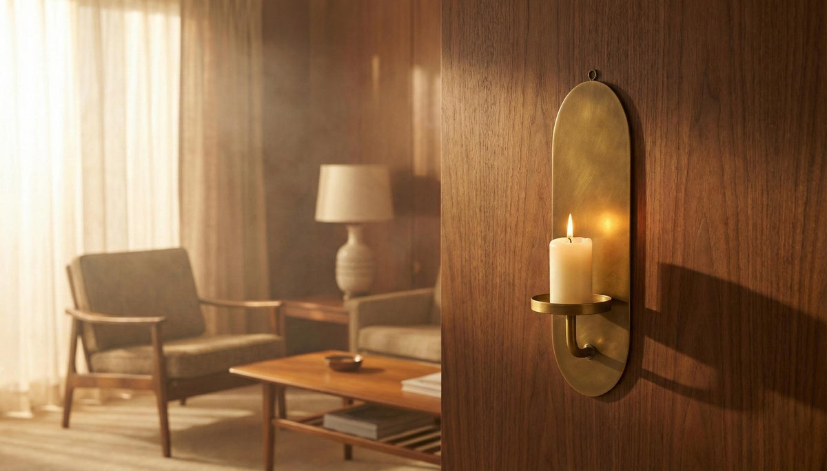 Living room with a candle in a wall sconce, chair, and table.
