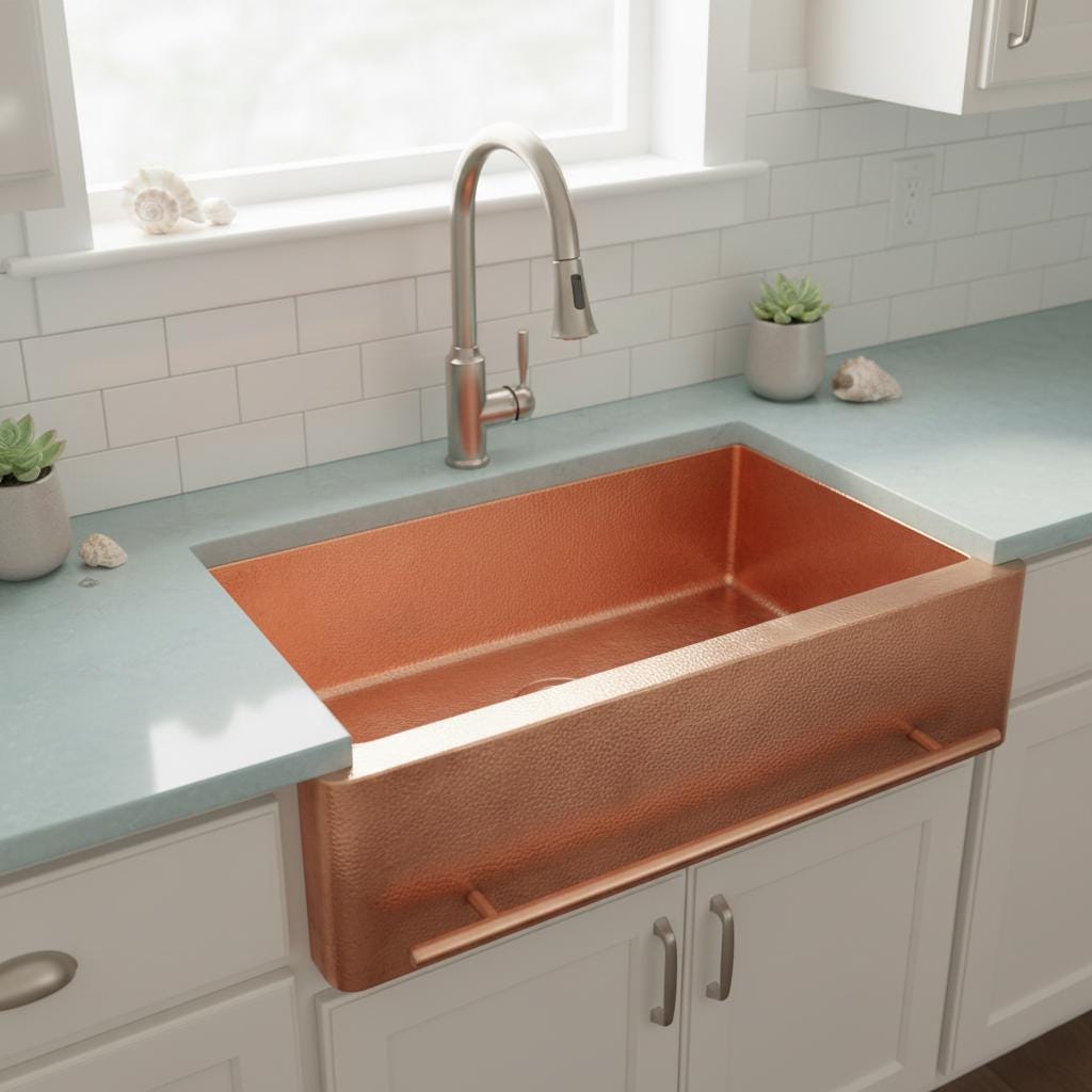 Copper farmhouse sink in a kitchen with light blue countertops and white cabinets.