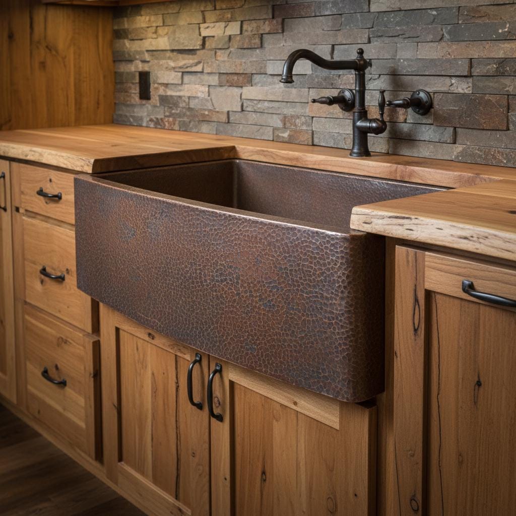 Copper farmhouse sink in a rustic kitchen setting with wooden cabinets and stone backsplash.