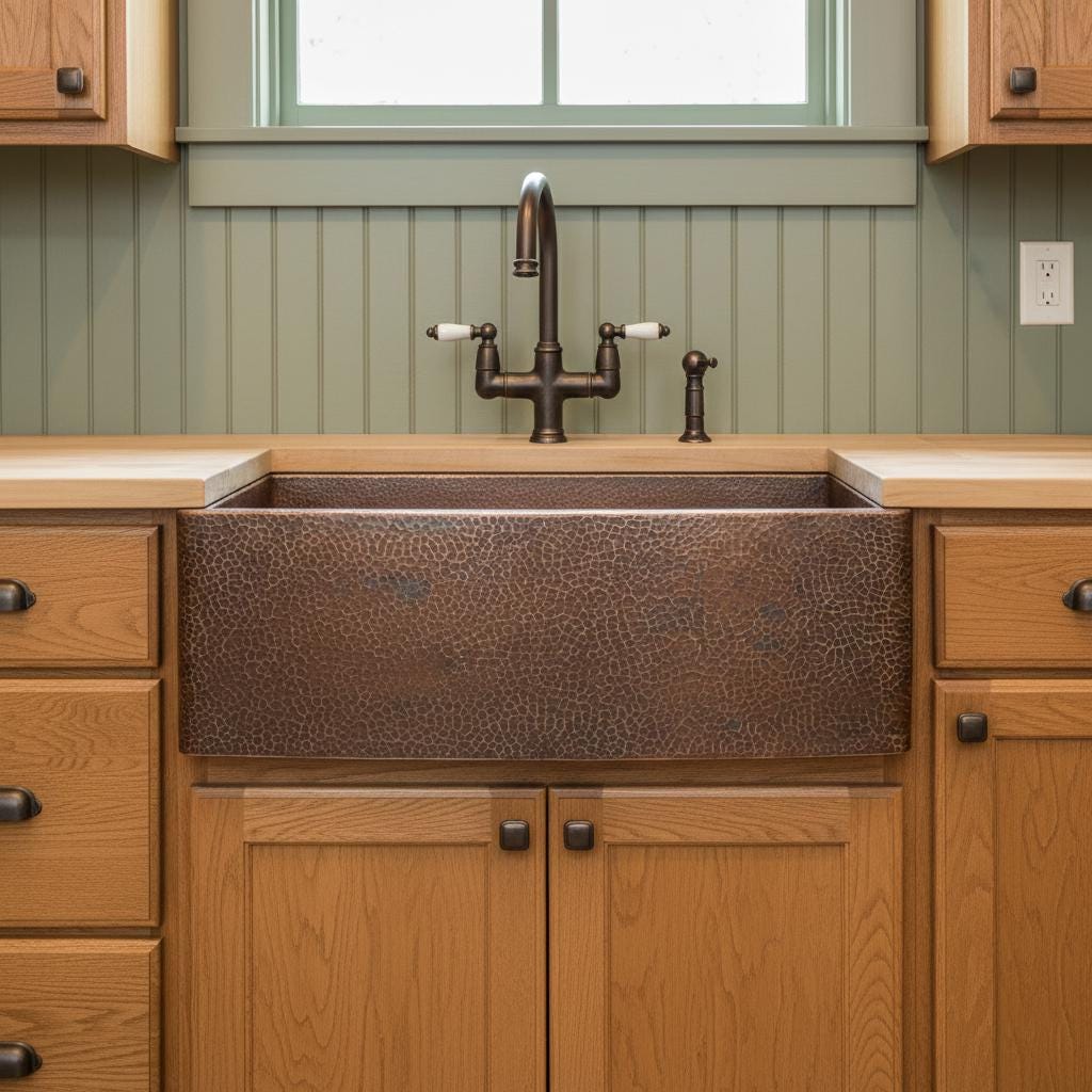 Copper farmhouse sink in a kitchen with wooden cabinets and green walls.