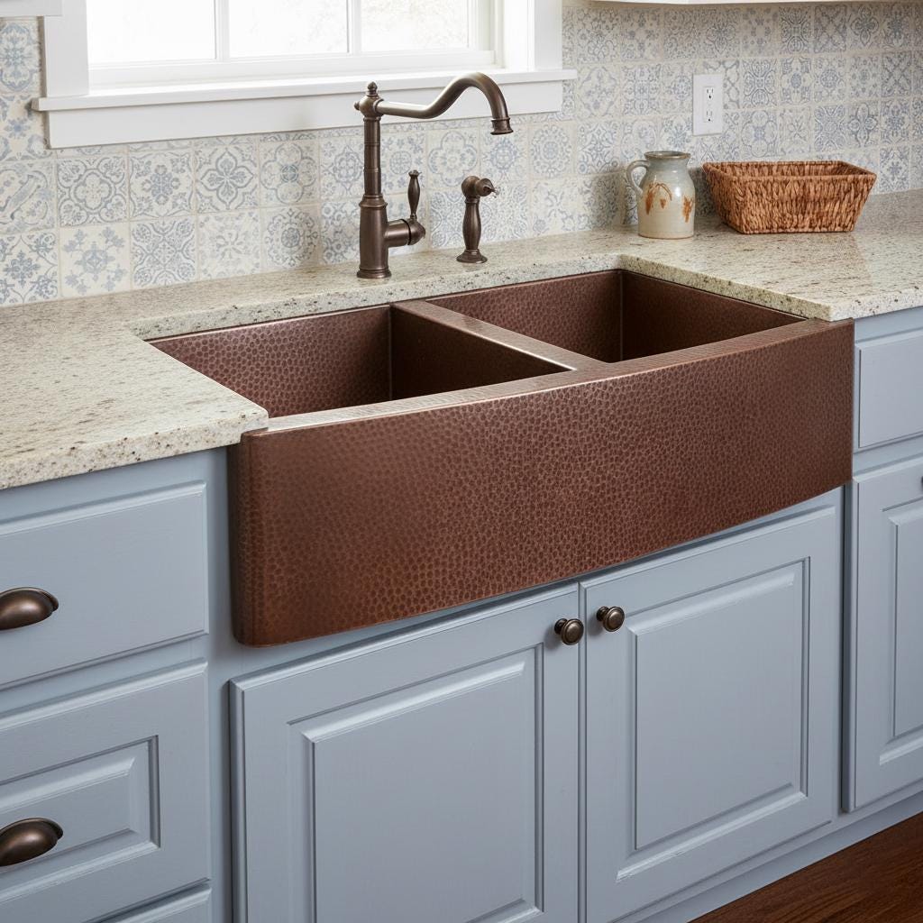 Copper farmhouse sink in a kitchen with gray cabinets and a window above.